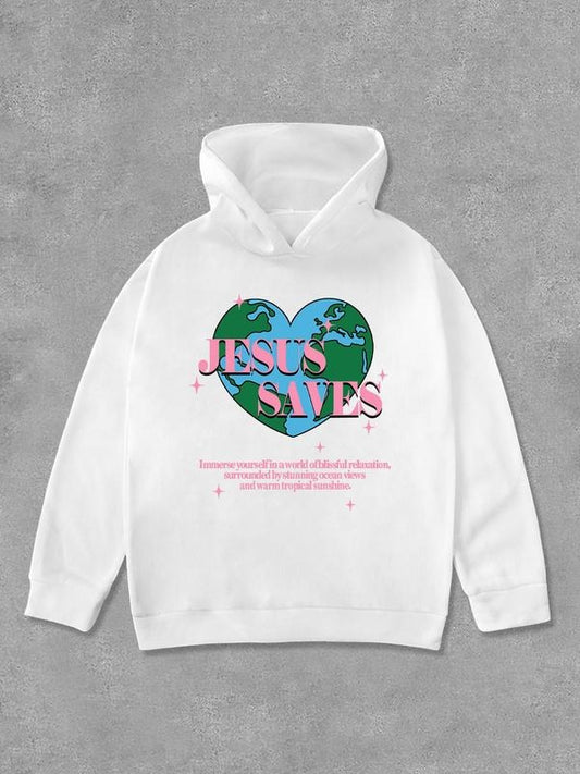 Women's Cartoon Earth & Letter Print Hoodie, Fashion Casual Long Sleeve Hooded Sweatshirt for Daily Holiday Outdoor Wear, Women Clothing for Fall & Winter