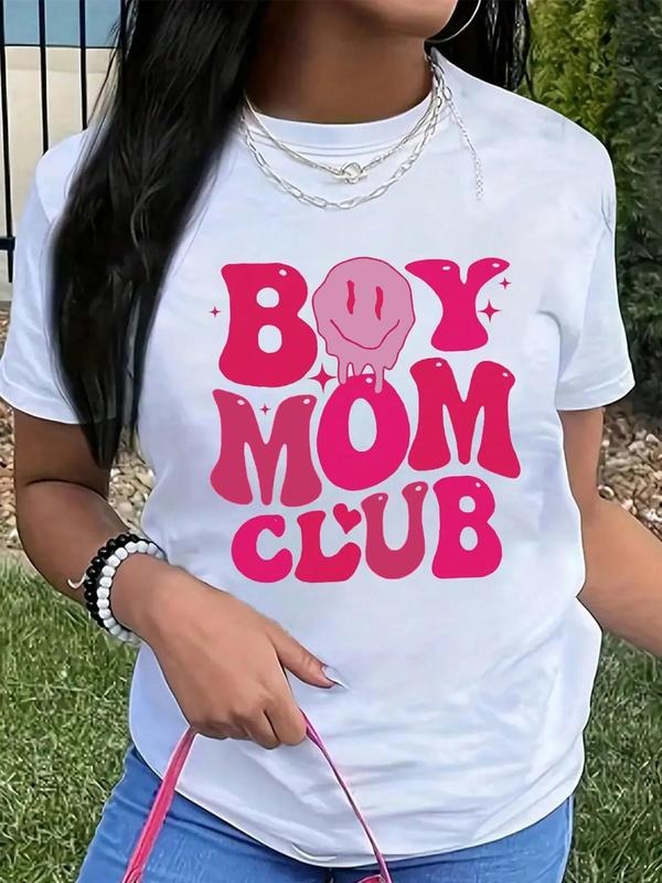 Women's Cartoon Face & Letter Print Round Neck Tee, Fashion Casual Crew Neck Short Sleeve T-shirt for Daily Holiday Vacation Outdoor Wear, Ladies Clothes for All Seasons