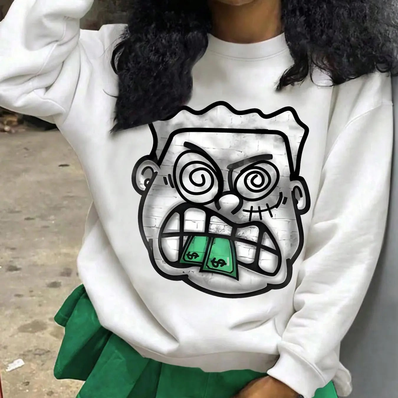 Women's Cartoon Face Print Crew Neck Sweatshirt, Casual Long Sleeve Pullover for Fall & Winter, Women's Clothes for Daily Wear