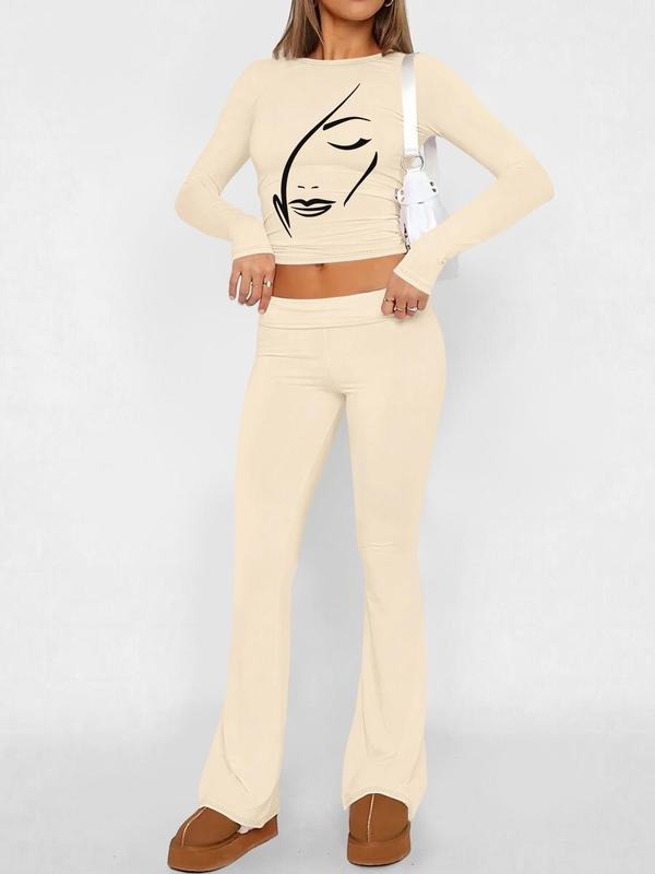 Women's Cartoon Face Print Crop Top & Flare Leg Pants Two-piece Set, Casual Fashion Cozy Top & Bell Bottom Trousers for Daily Outdoor Wear, Women's Clothing for Fall