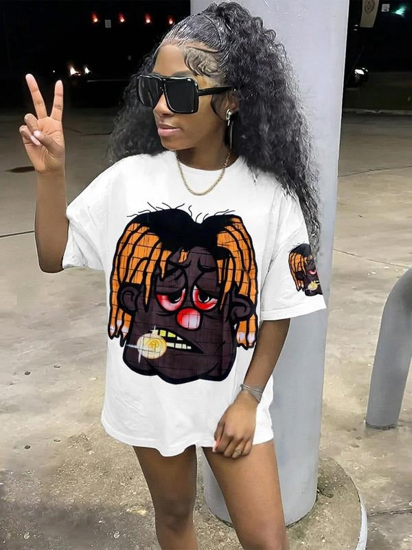 Women's Cartoon Face Print Round Neck Tee, Fashion Casual Crew Neck T-shirt for Daily Holiday Vacation Outdoor Wear, Ladies Clothes for Summer, Top