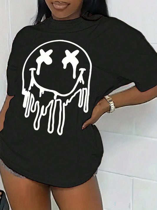 Women's Cartoon Face Print Round Neck Tee, Fitted Trendy Casual Short Sleeve T-Shirt for Daily Holiday Outdoor Wear, Ladies All Seasons Clothes Tops