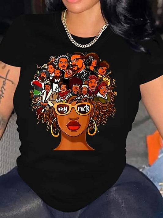 Women's Cartoon Figure & Letter Graphic Round Neck Tee, Fashion Casual Crew Neck T-Shirt for Daily Holiday Vacation Outdoor Wear, Ladies Clothes for All Seasons