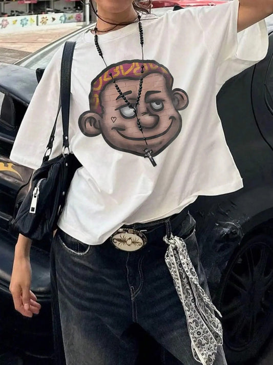 Women's Cartoon Figure Print Drop Shoulder Tee, Fashion Casual Crew Neck T-shirt for Daily Holiday Vacation Outdoor Wear, Ladies Clothes for Summer