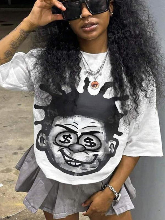 Women's Cartoon Figure Print Drop Shoulder Tee, Fashion Casual Half Sleeve Crew Neck T-shirt for Daily Holiday Vacation Outdoor Wear, Ladies Clothes for Summer