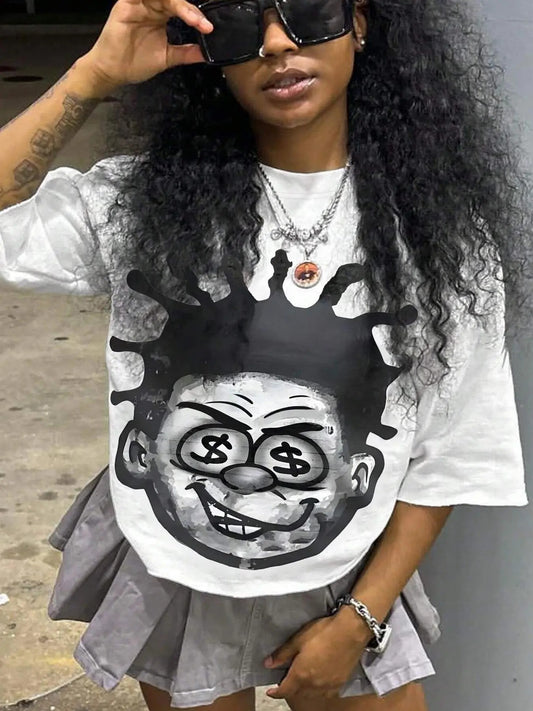 Women's Cartoon Figure Print Drop Shoulder Vintage Graphic Tees, Mufti Clothes, Crew Neck Half Sleeve T Shirts for Women for Holiday Vacation Outdoor, Ladies Clothes for Summer, Popular Graphic Tees, 90s Clothes