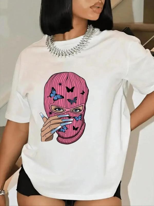 Women's Cartoon Figure Print Round Neck Short Sleeve Tee, Fashion Casual Crew Neck T-shirt for Daily Outdoor Wear, Ladies Clothes for All Seasons