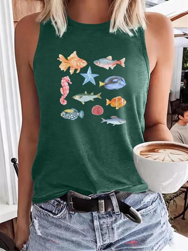 Women's Cartoon Fish Print Round Neck Tank Top, Casual Sleeveless Top for Summer, Ladies Clothes for Daily Wear, Socks...