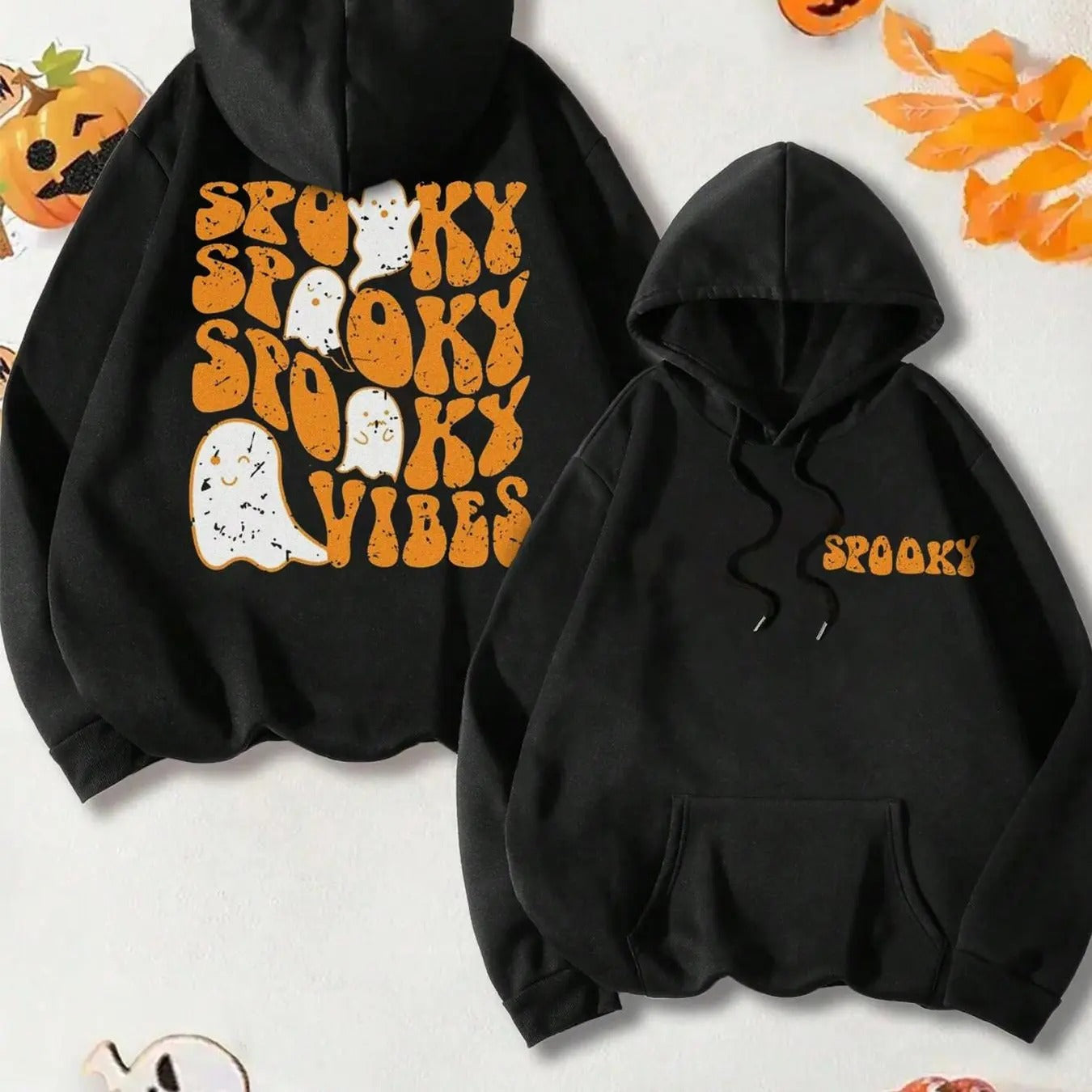 Women's Cartoon Ghost & Letter Print Drop Shoulder Hoodie, Halloween Fashion Casual Drawstring Pocket Hooded Sweatshirt for Daily Holiday Outdoor Wear, Women Clothing for Fall & Winter