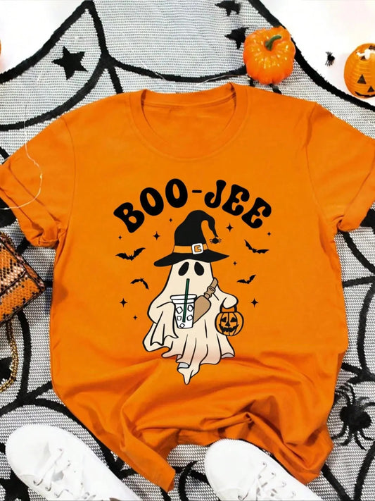 Women's Cartoon Ghost & Letter Print Round Neck Tee, Fashion Casual Halloween Crew Neck T-Shirt for Daily Holiday Vacation Outdoor Wear, Ladies Clothes for Summer