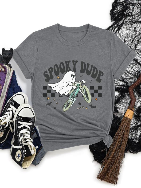 Women's Cartoon Ghost & Letter Print Round Neck Tee, Fashion Casual Halloween Short Sleeve T-shirt for Daily Holiday Vacation Outdoor Wear, Ladies Clothes for All Seasons