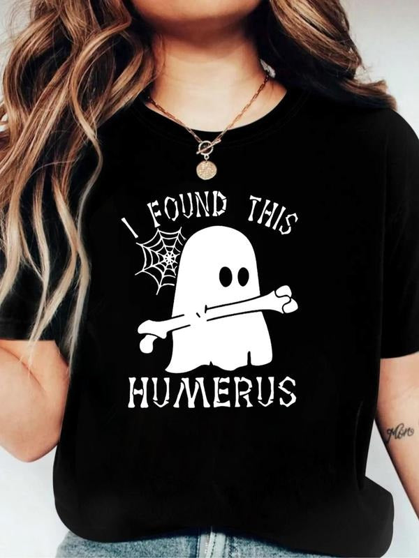 Women's Cartoon Ghost & Letter Print Round Neck Tee, Fashion Casual Short Sleeve T-shirt for Halloween Daily Holiday Vacation Outdoor Wear, Ladies Clothes for Summer