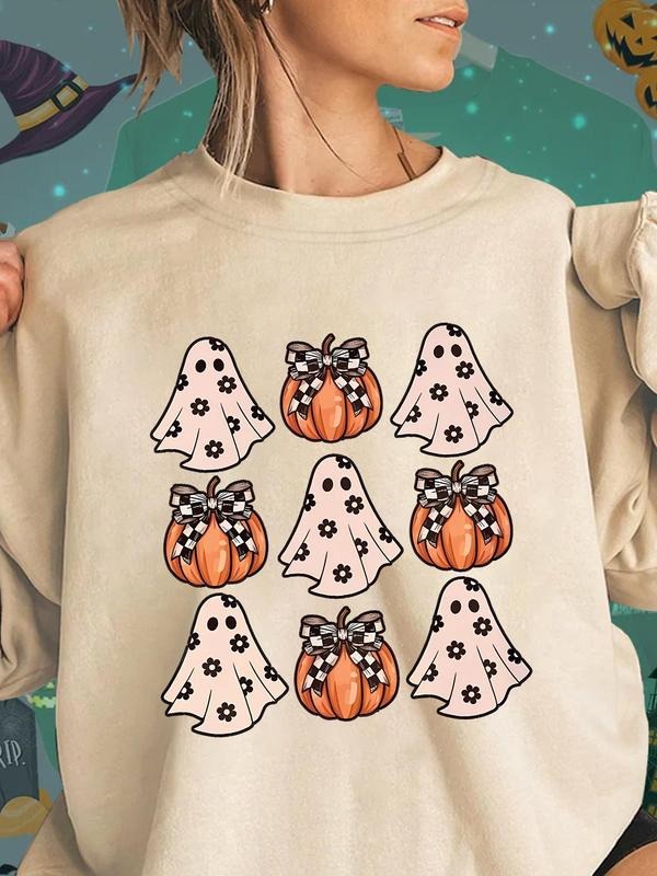 Women's Cartoon Ghost & Pumpkin Print Crew Neck Sweatshirt, Casual Drop Shoulder Long Sleeve Pullover, Women's Fall &...