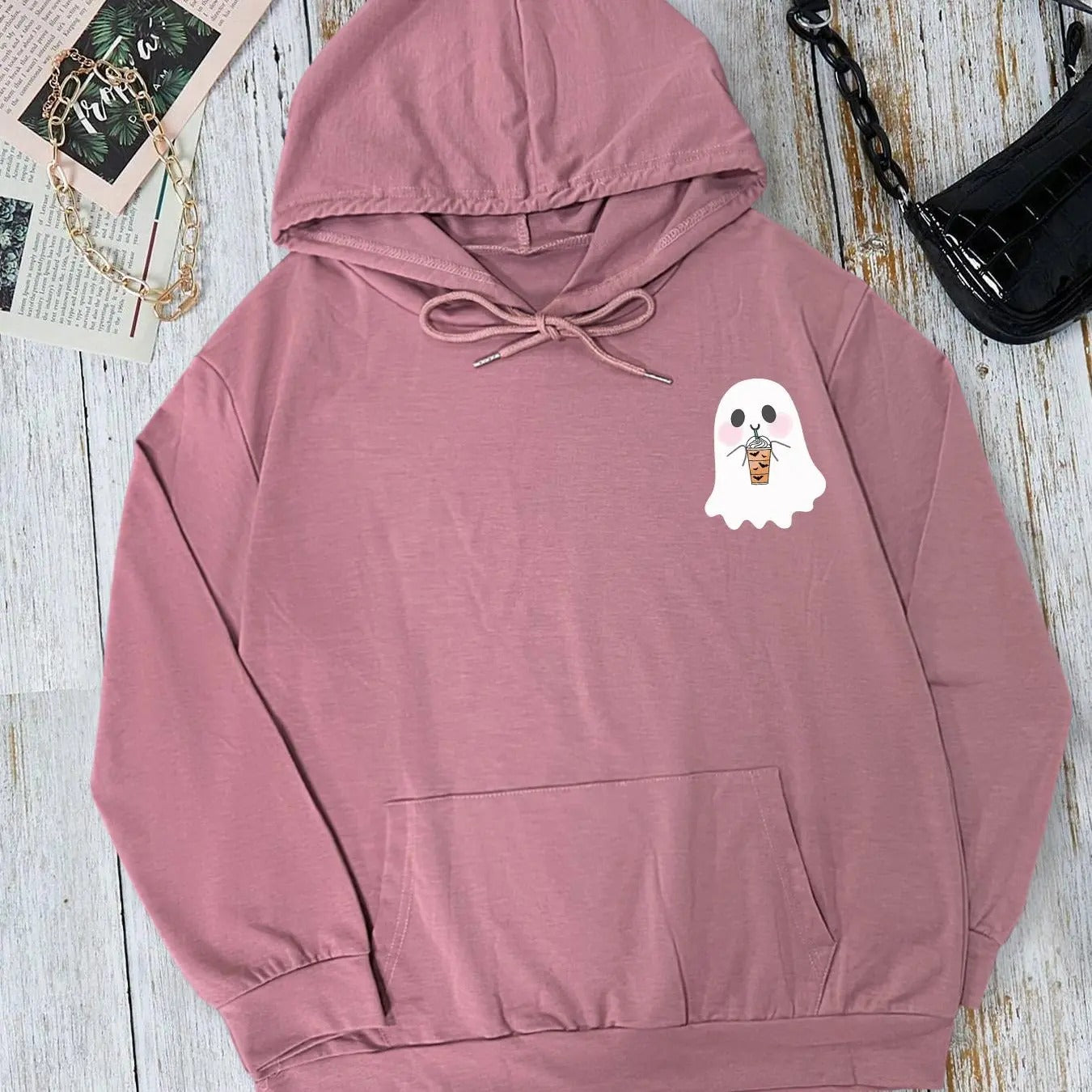 Women's Cartoon Ghost Print Drawstring Pocket Hoodie, Casual Long Sleeve Hooded Sweatshirt for Fall & Winter, Women's Clothes for Daily Wear