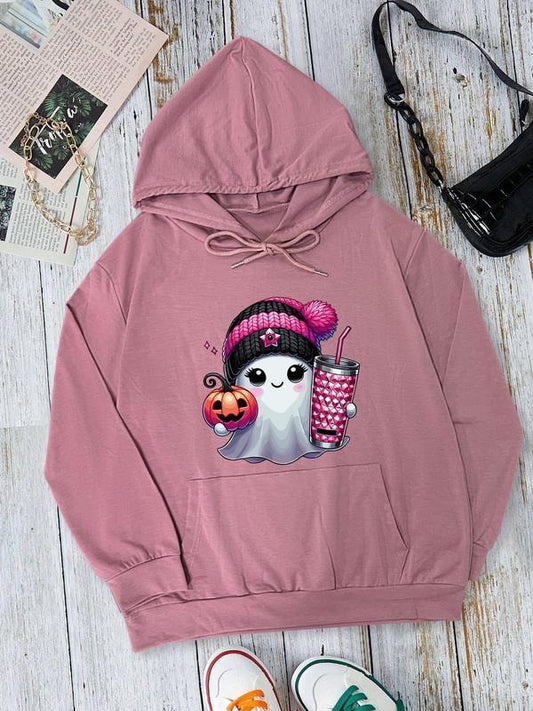 Women's Cartoon Ghost Print Drop Shoulder Hoodie, Fashion Casual Drawstring Pocket Hooded Sweatshirt for Halloween Daily Holiday Outdoor Wear, Women Clothing for Fall & Winter