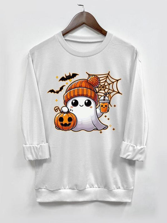 Women's Cartoon Ghost Print Drop Shoulder Pullover, Fashion Casual Long Sleeve Crew Neck Sweatshirt for Halloween Daily Holiday Outdoor Wear, Women Clothing for Fall & Winter