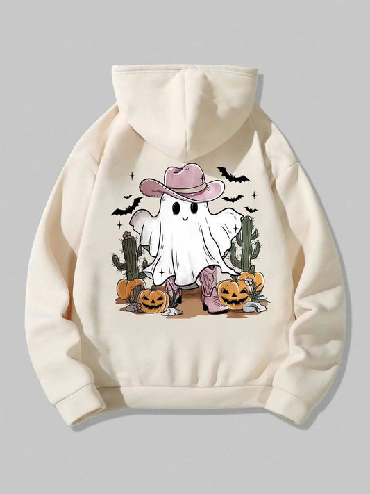 Women's Cartoon Ghost Print Hoodie, Fashion Casual Long Sleeve Hooded Sweatshirt for Daily Holiday Outdoor Wear, Ladies Clothes for All Seasons