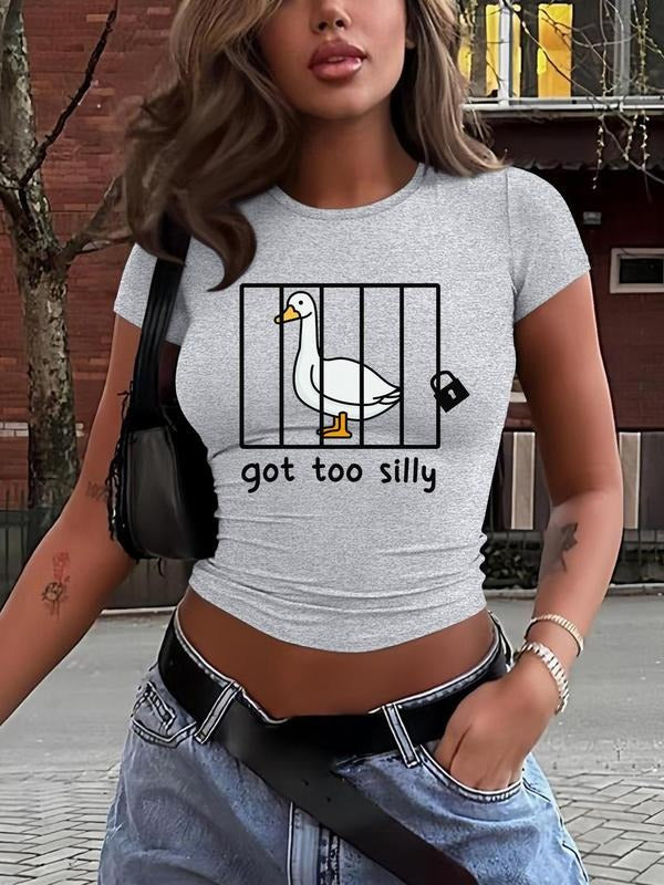 Women's Cartoon Goose & Letter Print Round Neck Tee, Fashion Casual Crew Neck T-shirt for Daily Holiday Vacation Outdoor Wear, Ladies Clothes for All Seasons, Top