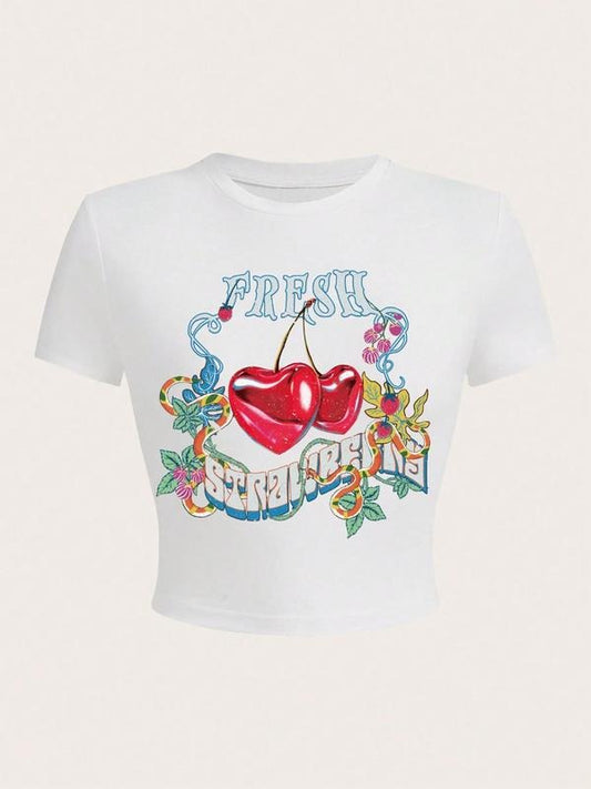 Women's Cartoon Graphic Print Round Neck Crop Tee, Fashion Casual Short Sleeve T-shirt for Daily Wear, Ladies Summer...