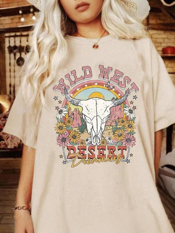 Women's Cartoon Graphic Print Round Neck Tee, Fashion Casual Drop Shoulder Short Sleeve T-shirt for Daily Wear, Ladies Summer Clothesstyle{n002}4