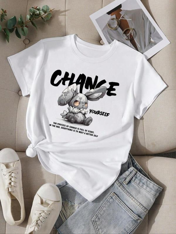 Women's Cartoon Graphic Print Round Neck Tee, Summer Clothes Women, Casual Short Sleeve T-shirt for Daily Vacation Outdoor Wear, Women Summer Top