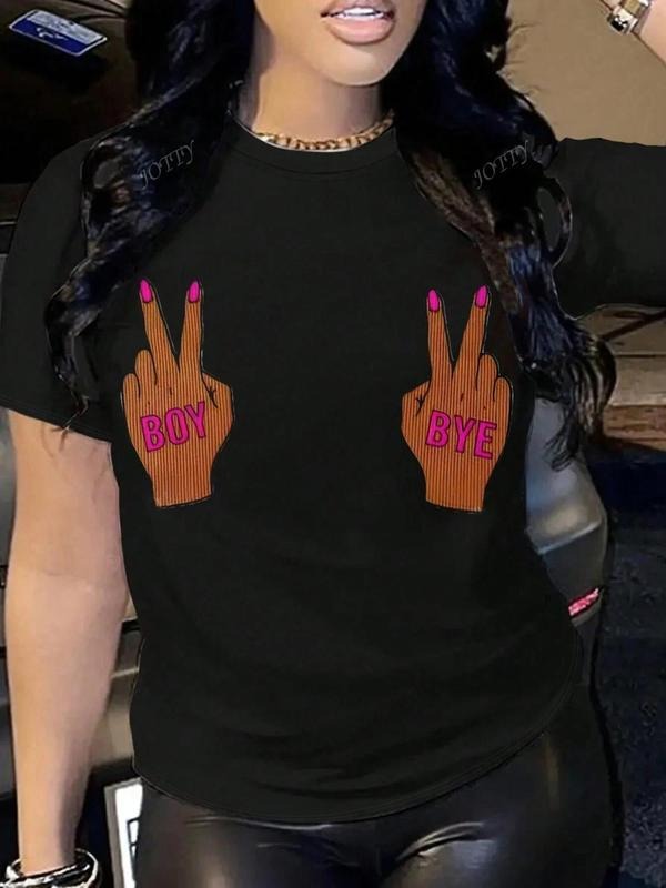 Women's Cartoon Hand Gesture Print Round Neck Tee, Fashion Casual Crew Neck T-Shirt for Daily Holiday Vacation Outdoor Wear, Ladies Clothes for Summer, Top