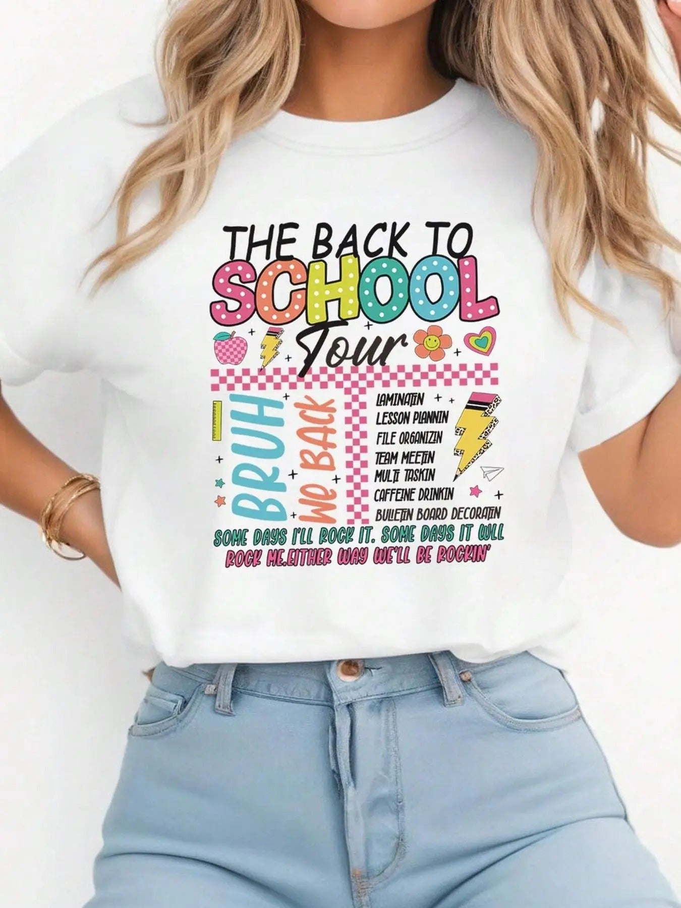 Women's Cartoon Letter Graphic Print Round Neck Tee, Fashion Casual Short Sleeve T-shirt, Ladies Summer Clothes for Daily...