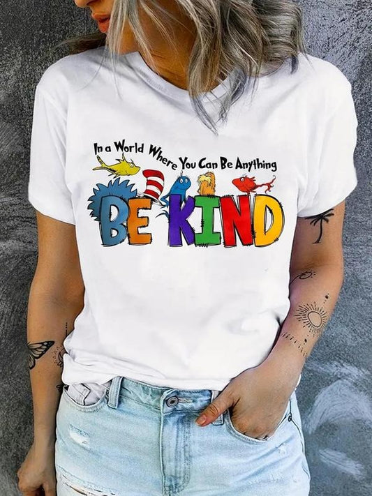Women's Cartoon Letter Print Round Neck Drop Shoulder Tee, Fashion Casual Crew Neck T-Shirt for Daily Holiday Vacation Outdoor Wear, Ladies Clothes for All Seasons