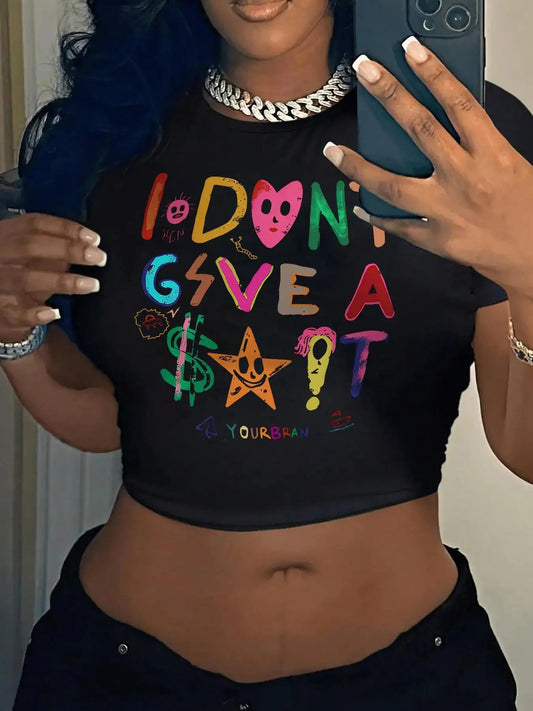 Women's Cartoon Letter Print Round Neck Short Sleeve Crop Tee, Fashion Casual Crew Neck T-shirt for Daily Holiday Vacation Outdoor Wear, Ladies Clothes for All Seasons