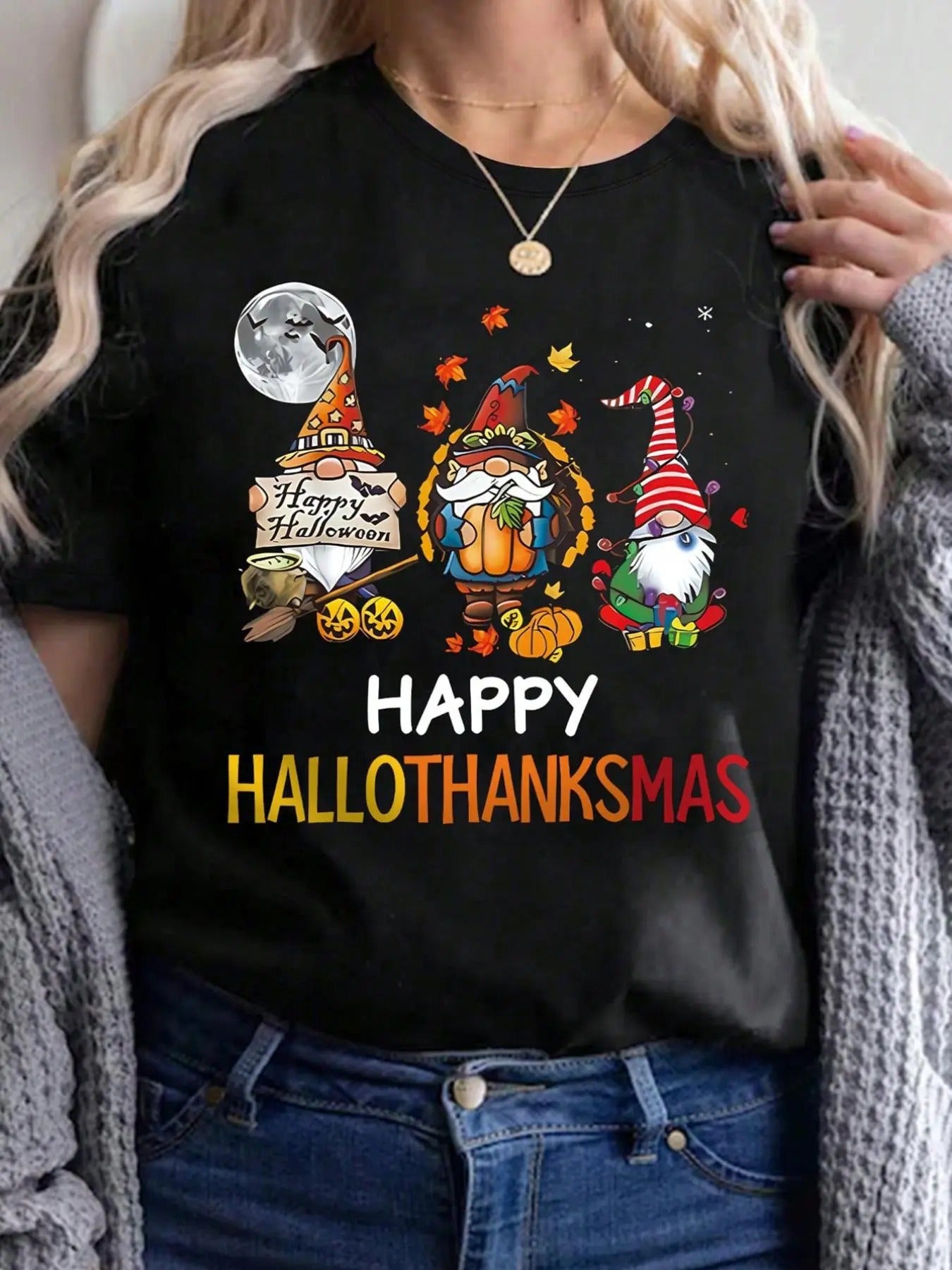 Women's Cartoon Letter Print Round Neck Tee, Casual Halloween Short Sleeve Crew Neck T-shirt for Summer, Fashion Women's Top for Daily Wear