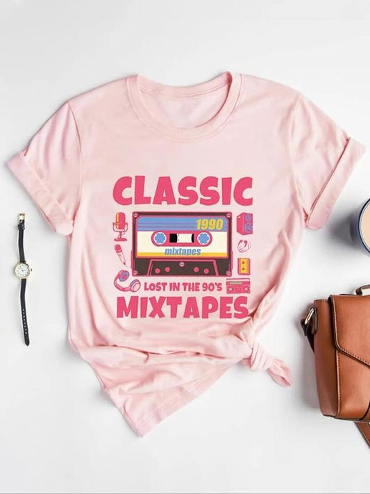 Women's Cartoon Letter Print Round Neck Tee, Casual Short Sleeve Crew Neck T-shirt for Daily Wear, Ladies Clothes for All Seasons