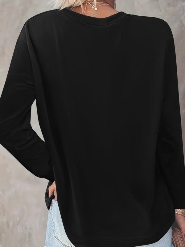 Women's Cartoon Monster & Letter Print Round Neck Tee, Fashion Casual Crew Neck Long Sleeve T-shirt for Daily Holiday Vacation Outdoor Wear, Ladies Clothes for All Seasons