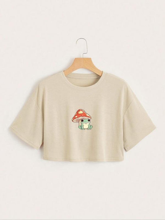 Women's Cartoon Mushroom & Frog Print Round Neck Crop Tee, Summer Graphic Tees Women, Fashion Casual Short Sleeve T-shirt...