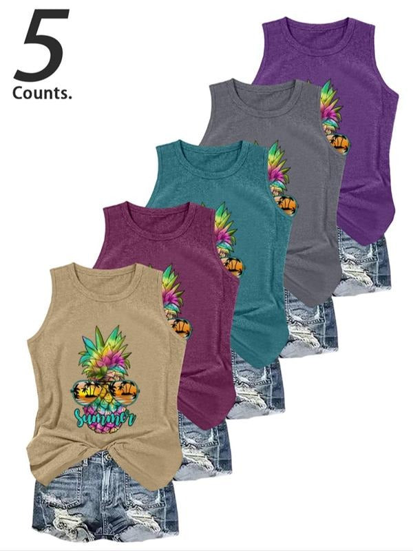 Women's Cartoon Pineapple Print Round Neck Tank Top, Casual Sleeveless Top for Daily Wear, Ladies Clothes for All Seasons...