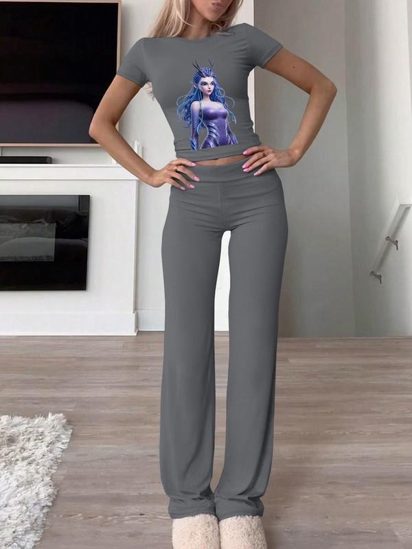 Women's Cartoon Print Crop Tee & Pants Two-Piece Set, Casual Round Neck Short Sleeve T-Shirt & Trousers for Daily Wear, Ladies Two-Piece Outfits for All Seasons