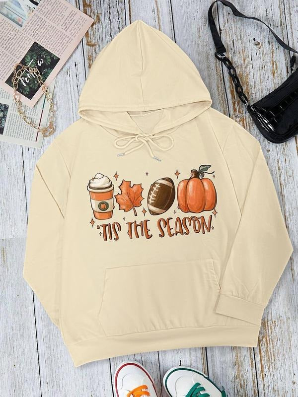 Women's Cartoon Print Drop Shoulder Hoodie, Fashion Casual Halloween Drawstring Pocket Hooded Sweatshirt for Daily Holiday Outdoor Wear, Ladies Clothing for Fall & Winter