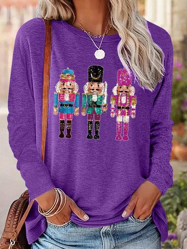 Women's Cartoon Print Drop Shoulder Tee, Casual Long Sleeve Round Neck Pullover for Fall & Winter, Ladies Clothes for Daily Wear