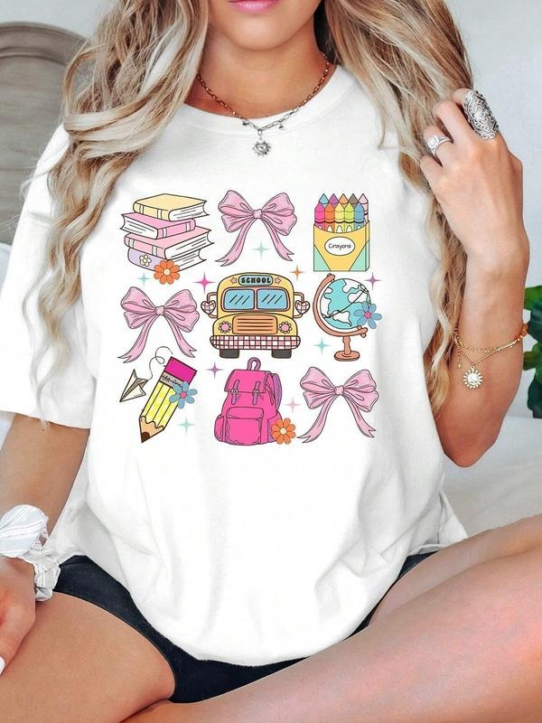 Women's Cartoon Print Round Neck Graphic Tee, Vintage Trendy Casual Short Sleeve T-shirt for Daily Wear, Ladies All...