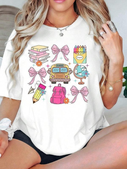 Women's Cartoon Print Round Neck Graphic Tee, Vintage Trendy Casual Short Sleeve T-shirt for Daily Wear, Ladies All...