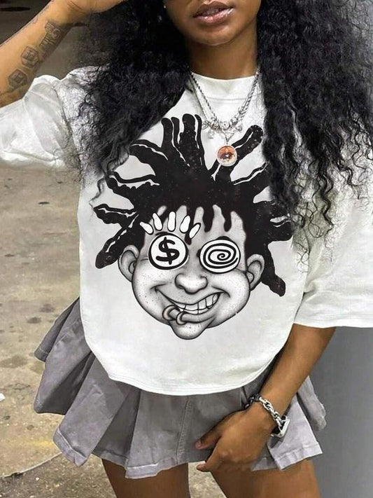 Women's Cartoon Print Round Neck Tee, Fashion Casual Crew Neck Half Sleeve T-Shirt for Daily Holiday Vacation Outdoor Wear, Ladies Clothes for Summer