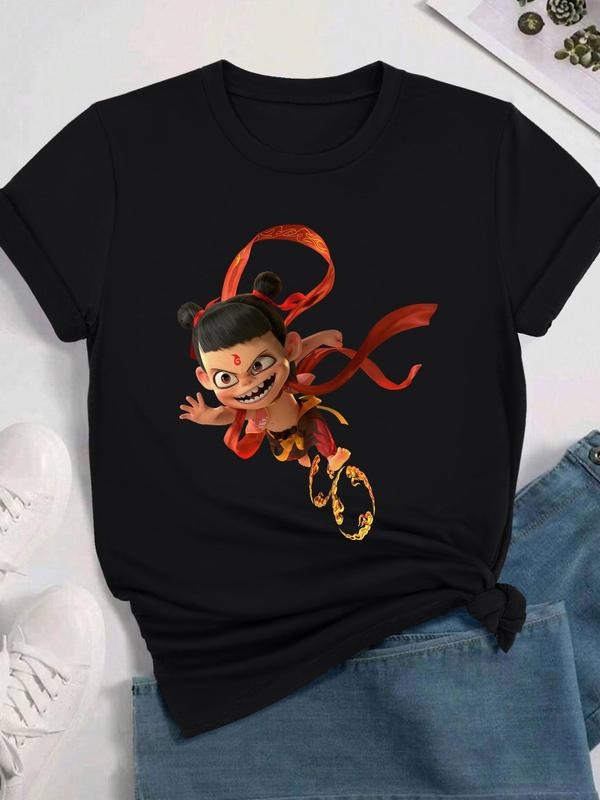 Women's Cartoon Print Round Neck Tee, Fashion Casual Short Sleeve T-Shirt for Daily Holiday Vacation Outdoor Wear, Ladies Clothes for All Seasons