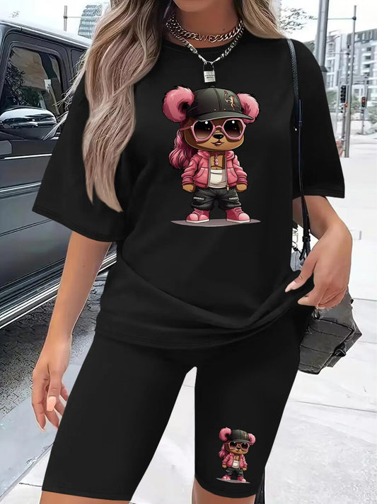 Women's Cartoon Print Short Sleeve Tee & Skinny Shorts Set, Casual Round Neck T-shirt & Shorts, Ladies Two-piece Outfits...