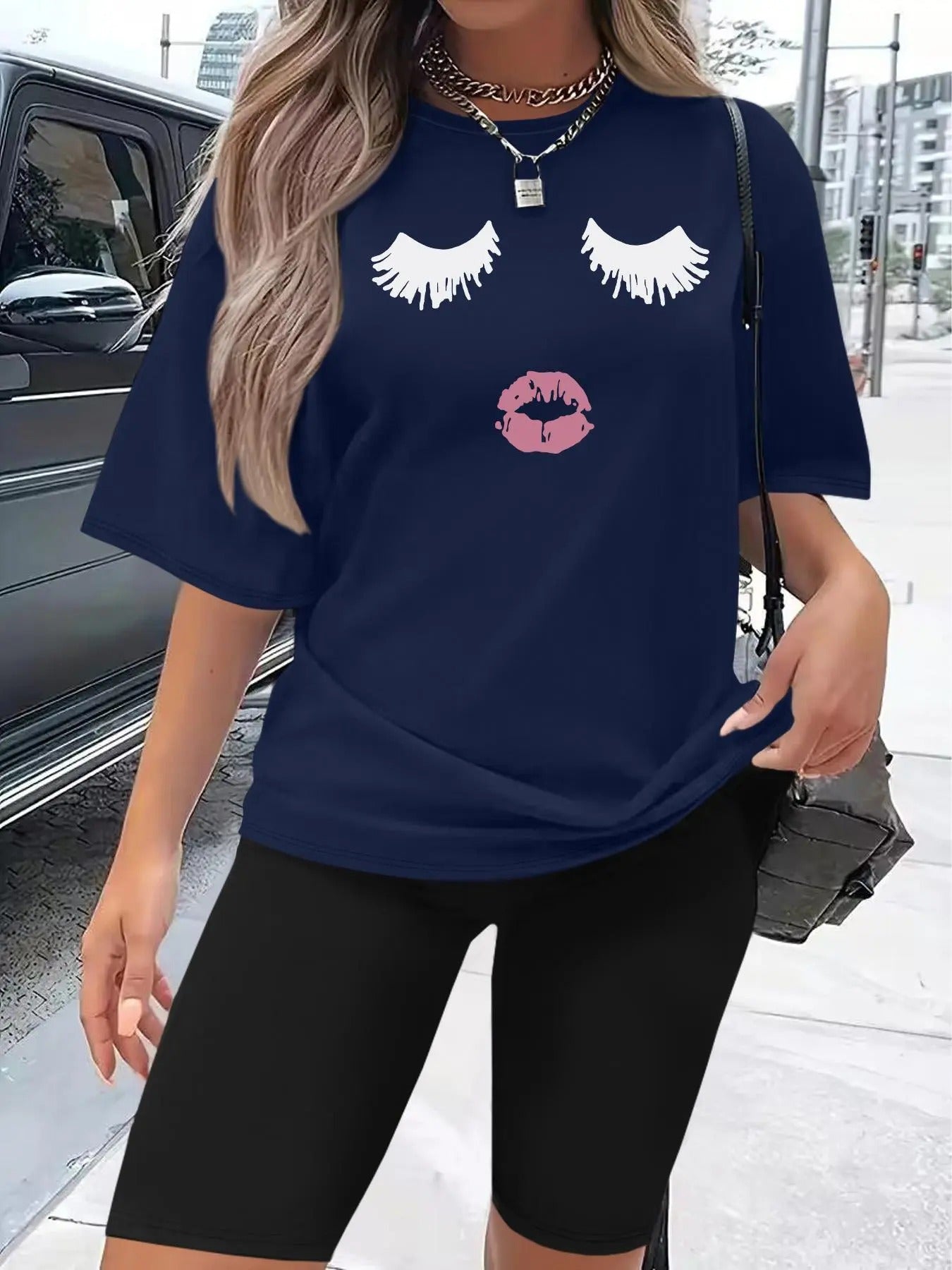 Women's Cartoon Print Tee & Skinny Shorts Two-Piece Set, Casual Fashion Round Neck T-Shirt & Shorts for Daily Outdoor...