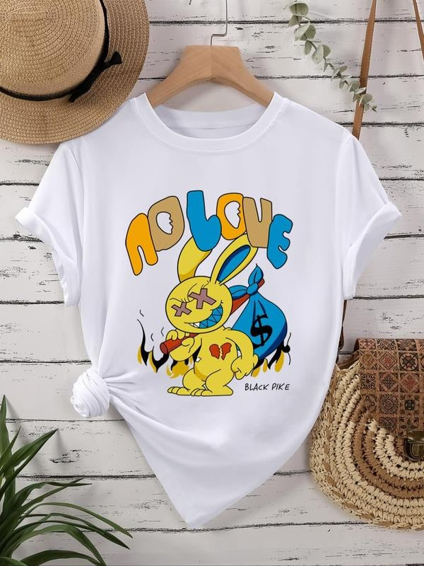Women's Cartoon Rabbit & Letter Print Round Neck Tee, Fashion Casual Crew Neck T-Shirt for Daily Holiday Vacation Outdoor Wear, Ladies Clothes for All Seasons