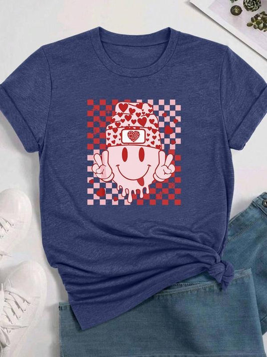 Women's Cartoon Smile Face Print Round Neck Tee, Fashion Casual Crew Neck T-Shirt for Daily Holiday Vacation Outdoor Wear, Ladies Clothes for All Seasons