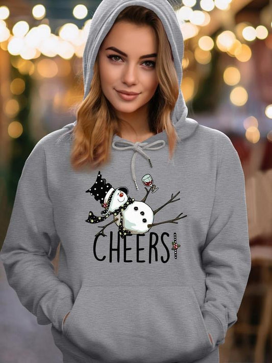 Women's Cartoon Snowman & Letter Print Drop Shoulder Hoodie, Fashion Casual Drawstring Pocket Hooded Sweatshirt for Daily Holiday Outdoor Wear, Women Clothing for Fall & Winter