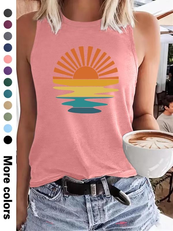 Women's Cartoon Sun Print Round Neck Tank Top, Casual Sleeveless Top for Summer, Ladies Clothes for Daily Wear, Socks...