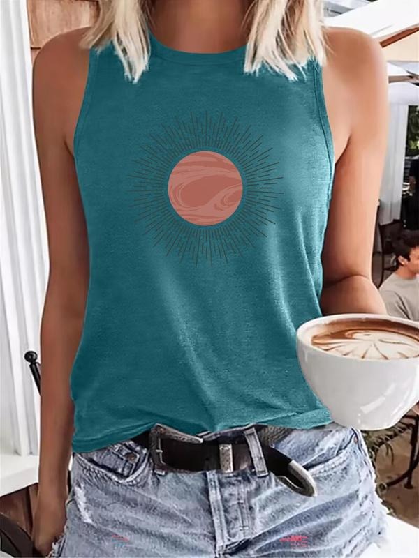 Women's Cartoon Sun Print Round Neck Tank Top, Casual Sleeveless Top for Summer, Ladies Clothes for Daily Wear, Socksstyle{n002}2