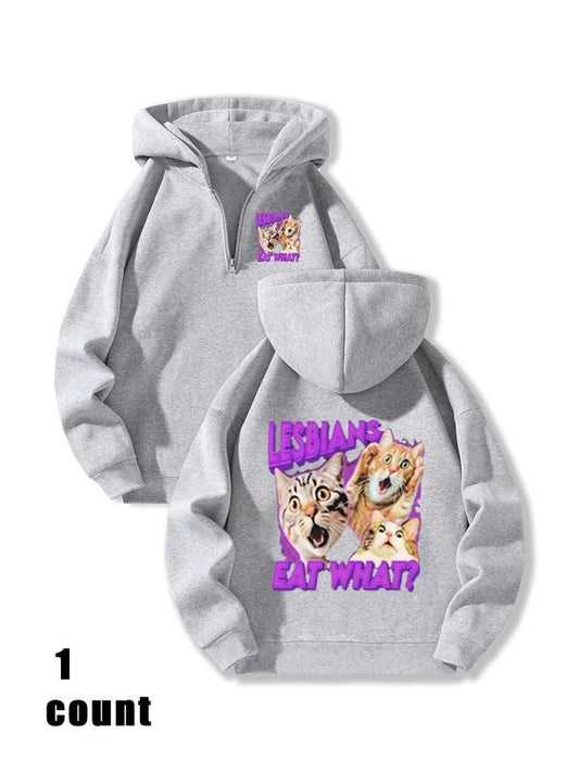 Women's Cat & Letter Print Hoodie, Fashion Casual Hooded Sweatshirt for Daily Holiday Outdoor Wear, Ladies Clothes for All Seasons
