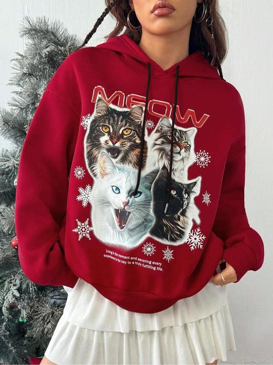 Women's Cat Print Crew Neck Sweatshirt, Casual Long Sleeve Pullover Hoodie for Daily Wear, Ladies Fall & Winter Clothes...